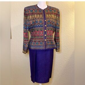 Adrianna Pappell 100% Silk Suit. Print Jacket with Solid Blue Skirt.